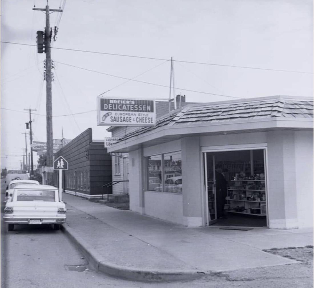 Breier’s Delicatessen, European Style Sausage and Cheese, on the corner in Cloverdale Surrey in the 1960s, now Hansel Deli