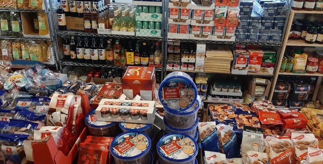 Shelves of imported Scandinavian and European groceries at Hansel Deli in Surrey BC