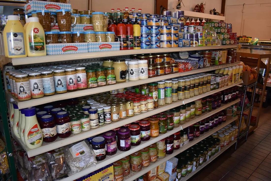 Aisle of European jams, pickles and preserves at Hansel Deli in Cloverdale Surrey