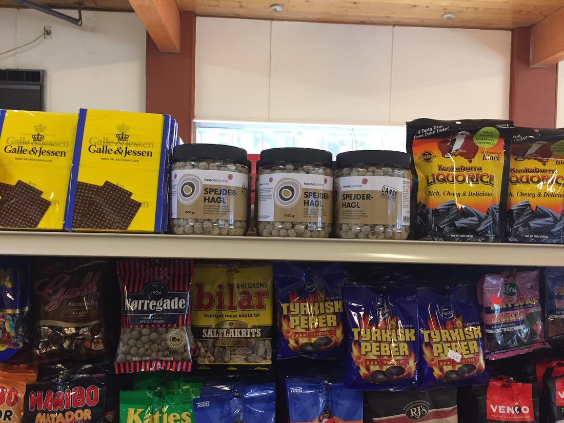Shelves of Danish and Dutch salted licorice including Spejder-Hagl, Tyrkisk Peber and Venco at Hansel Deli