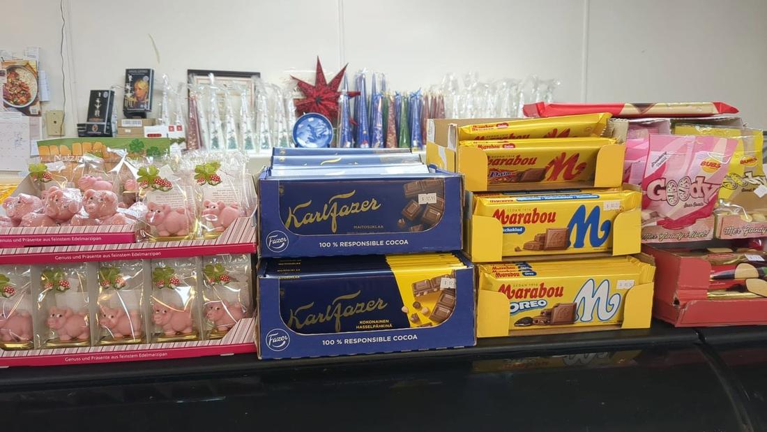 Marabou chocolate, Fazer and marzipan pigs at Hansel Deli in Surrey BC