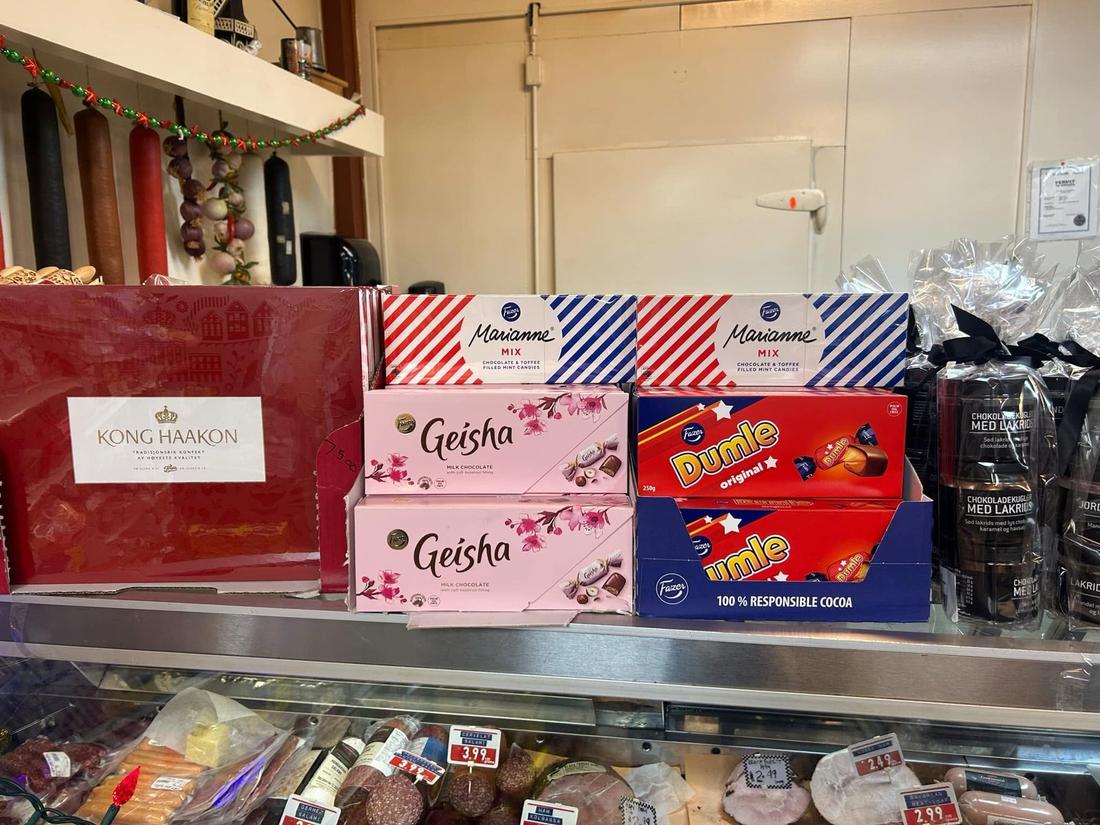 Boxes of Fazer Geisha, Dumle, Marianne and Kong Haakon Nordic chocolate at Hansel Deli